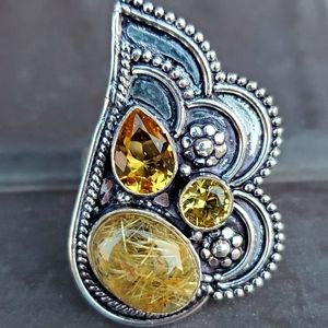 New Golden Rutile & Citrine 925 Silver Ring.